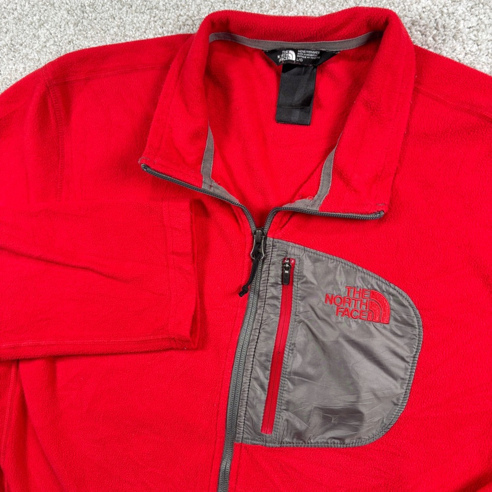 The North Face Fleece Jacket Mens L Red Full Zip Chest Pocket Mock Neck
